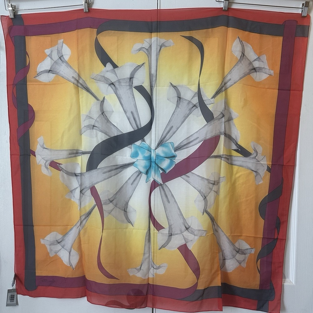 Marina D'Esti Large Silk Blend Scarf Lily Print Made In Italy 41x43 New With Tag